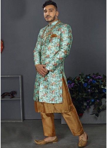 Turquoise Silk Readymade Sherwani With Kurta Pyjama