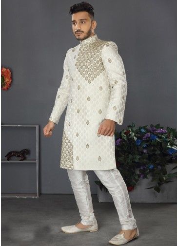 White Woven Silk Readymade Sherwani Set