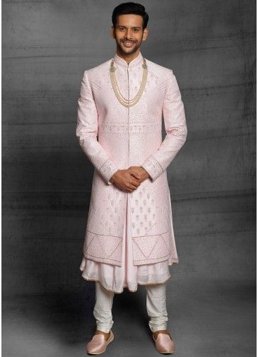 Pink Embroidered Anarkali Style Sherwani In Silk