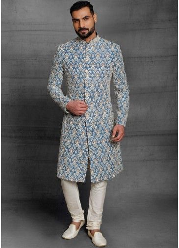 Blue Thread Embroidered Sherwani With Churidar For Men