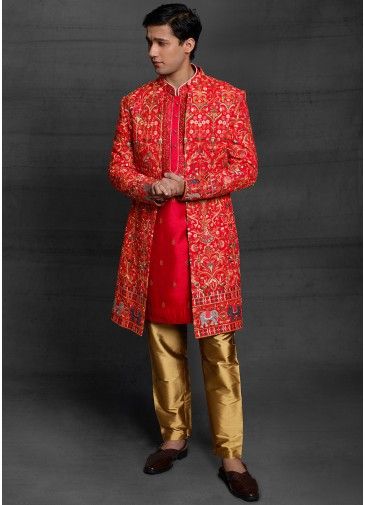 Readymade Red Embroidered Sherwani Set In Silk
