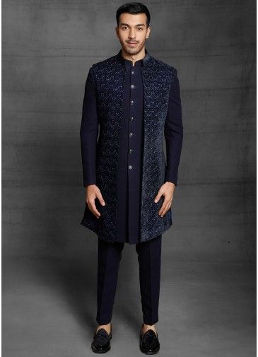 Readymade Navy Blue Embroidered Sherwani Set In Rayon