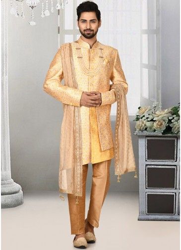 Golden Readymade Woven Sherwani With Trouser
