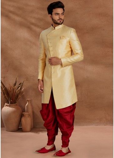 Yellow Asymmetric Readymade Jacquard Sherwani For Groom