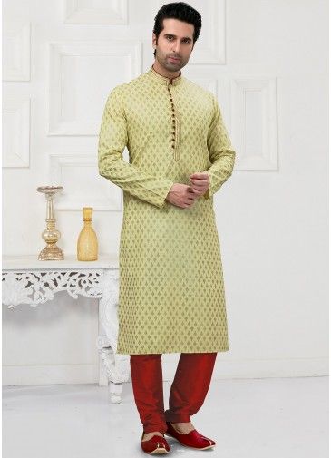 Green Printed Readymade Kurta Pajama In Cotton