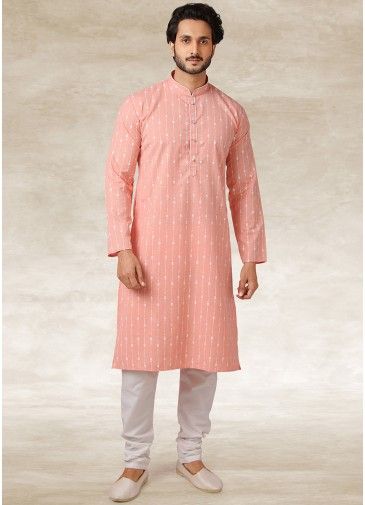 Pink Cotton Printed Kurta With Churidar