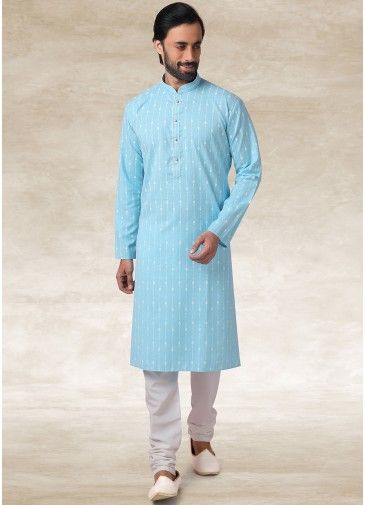 Blue Printed Kurta Pajama Set In Cotton