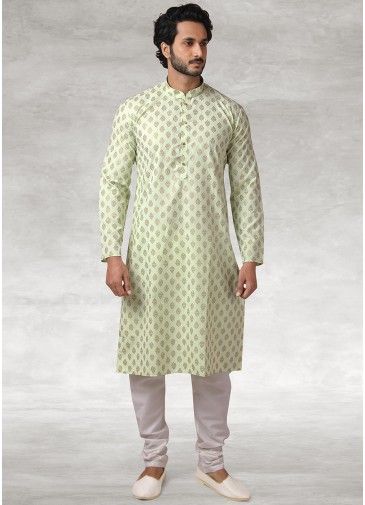 Green Printed Kurta Pajama In Cotton