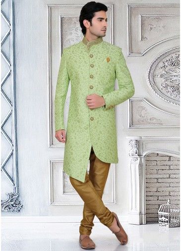 Readymade Green Embroidered Asymmetric Sherwani