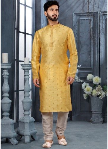Yellow Embellished Kurta With Churidar In Silk