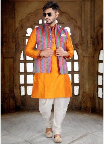 Orange Kurta Dhoti Set With Woven Nehru Jacket