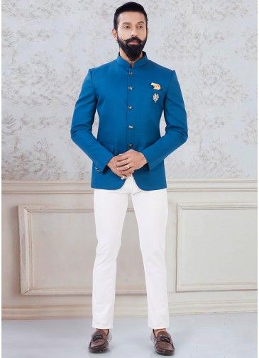Readymade Blue Bandhgala Jhodpuri Suit In Rayon