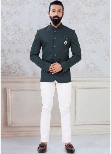 Readymade Green Rayon Bandhgala Jhodpuri Suit Set