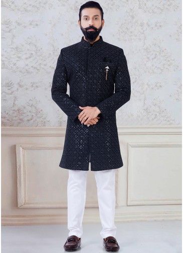 Black Embroidered Indo Western Sherwani With Pant