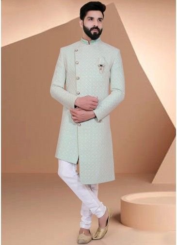 Green Embroidered Indo Western Sherwani In Asymmetric Style