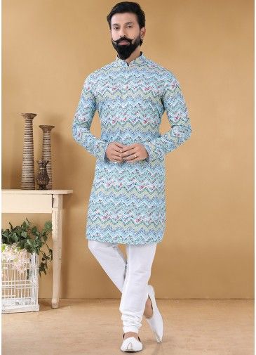 Readymade Blue Floral Printed Kurta Pajama