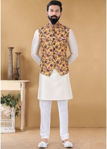 Off White Kurta Churidar Set With Floral Nehru Jacket