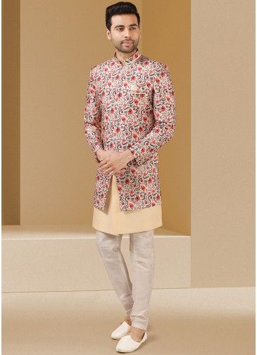 Readymade Cream Kurta Pajama With Printed Jacket