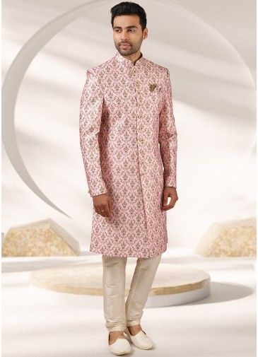 Readymade Pink Printed Sherwani With Churidar