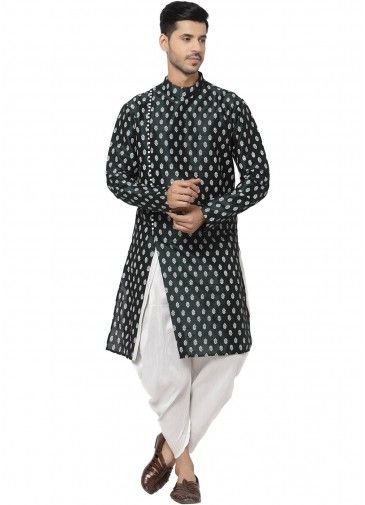 Green Slitted Kurta With Dhoti In Printed Designs
