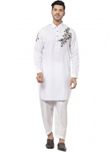 Readymade White Embroidered Kurta With Pajama