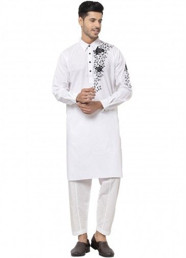White Embroidered Cotton Kurta Pajama Set