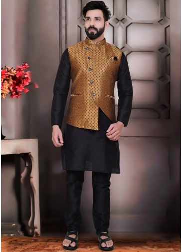 Black Silk Kurta Pajama With Woven Nehru Jacket