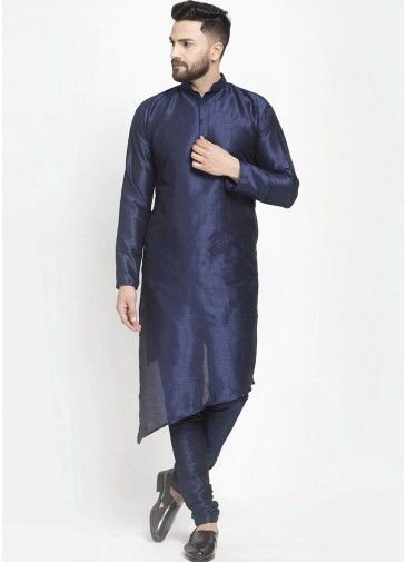 Blue Asymmetric Readymade Silk Kurta Pyjama