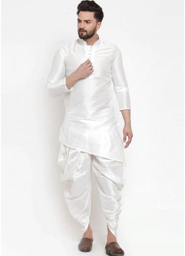 White Readymade Asymmetric Kurta With Dhoti