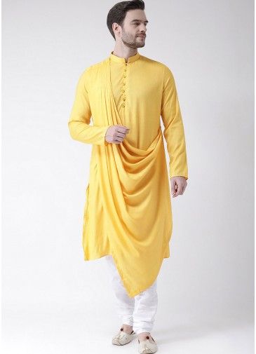Yellow Cowl Style Readymade Cotton Kurta Pajama