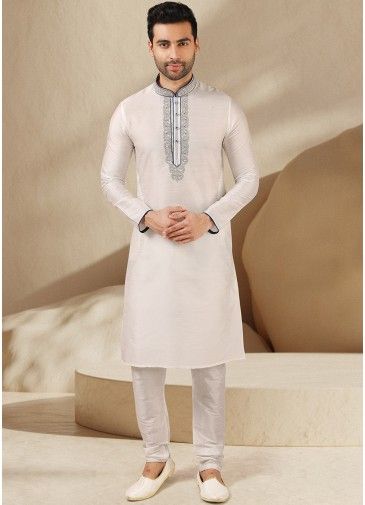 Off White Festive Wear Embroidered Kurta Pajama Set