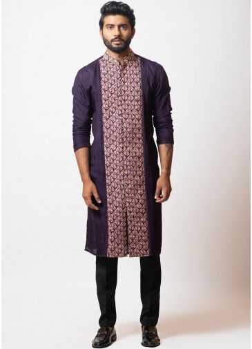 Purple Printed Readymade Kurta Pajama In Art Silk
