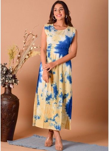 Yellow And Blue Printed Readymade Viscose Dress