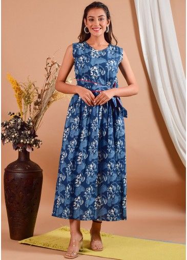 Blue Readymade Floral Dress In Cotton