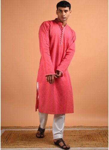 Pink Plain Readymade Kurta In Cotton