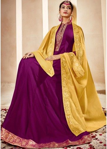 Purple Woven Design Anarkali Cotton Kurta