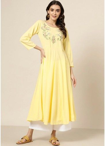 Yellow Embroidered Georgette Kurta In Flared Style