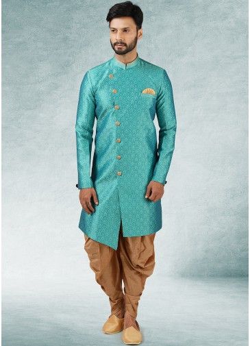 Turquoise Jacquard Readymade Asymmetric Sherwani With Dhoti