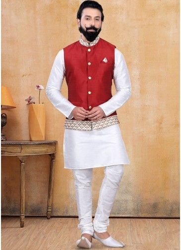 White Kurta Pajama With Embroidered Nehru Jacket
