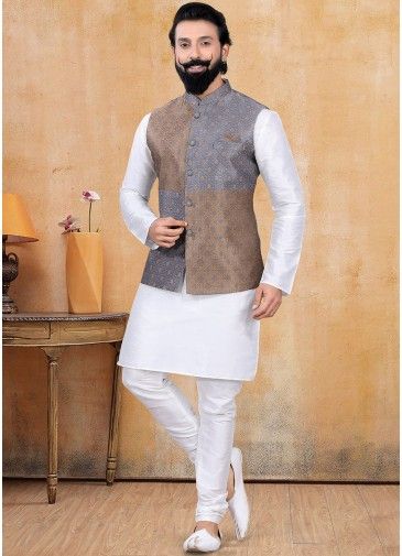 Mens White Kurta Pajama With Woven Nehru Jacket