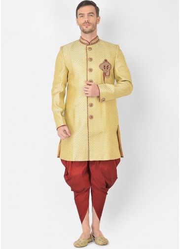 Golden Readymade Woven Sherwani With Dhoti Set