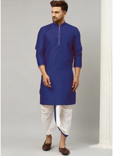 Blue Readymade Woven Kurta With Dhoti In Silk