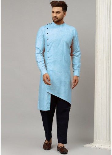 Blue Readymade Asymmetric Kurta Pajama In Satin