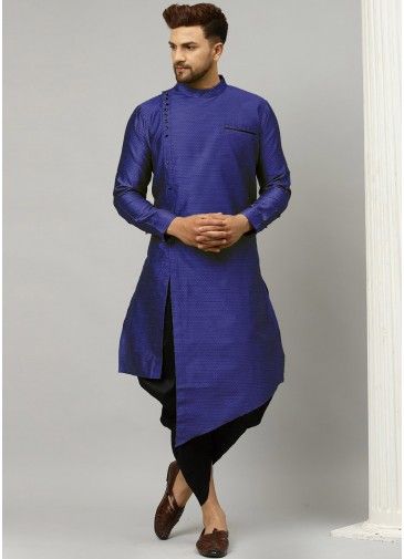 Blue Readymade Woven Dhoti Kurta In Dupion Silk