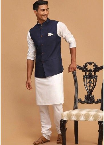 White Mens Cotton Kurta Pajama With Nehru Jacket