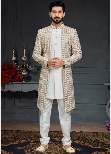 Readymade Off White Jacket Style Indo Western Sherwani Set