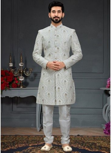 White Embroidered Indo Western Sherwani For Men