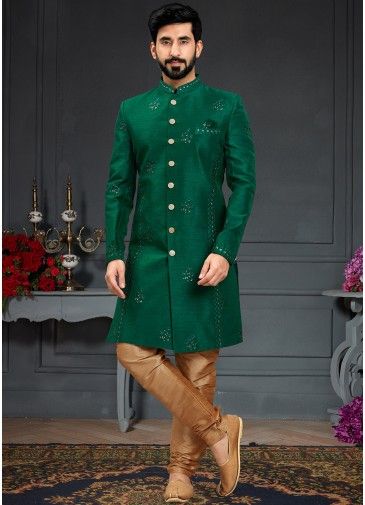 Green Embroidered Indo Western Sherwani With Pant