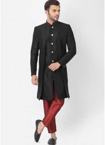 Black Mens Dupion Silk Indowestern Jacket Style Sherwani