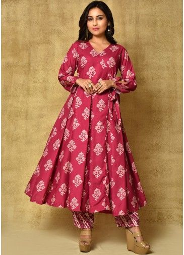 Pink Angrakha Style Kurta Set In Digital Print